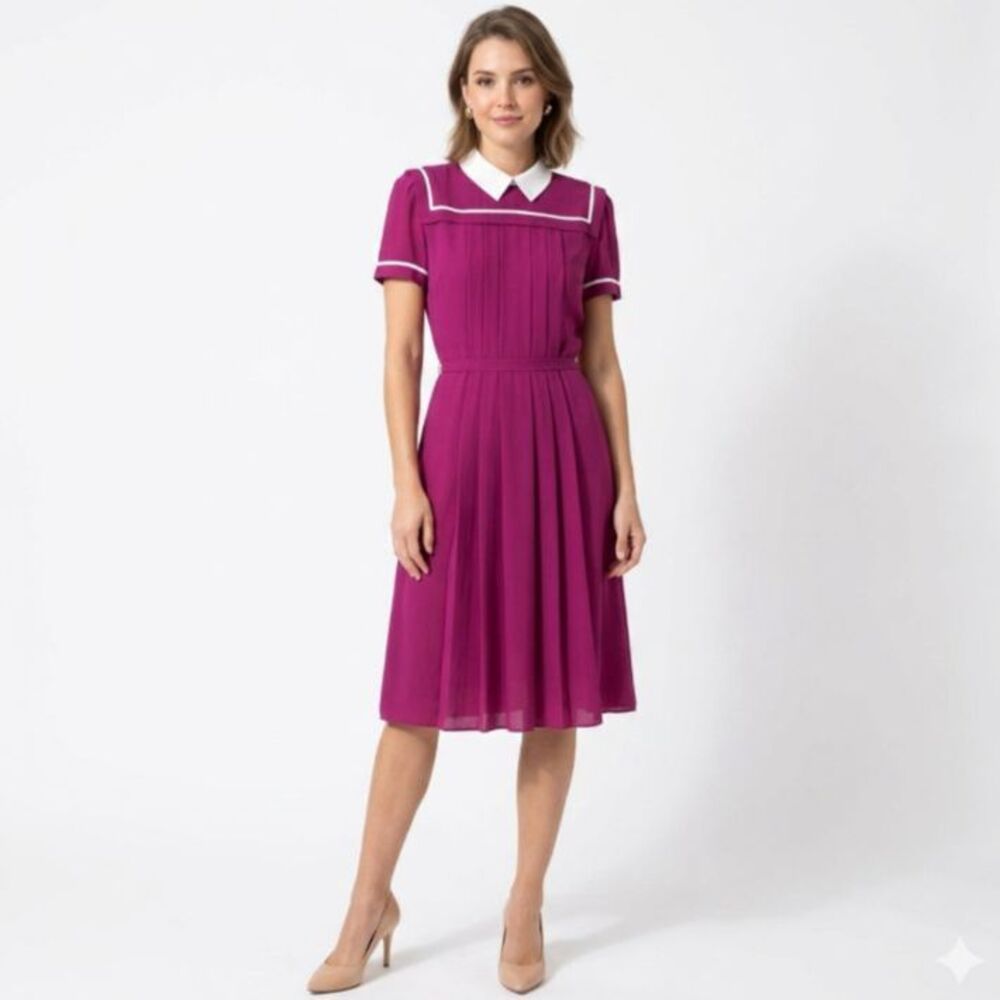 Pierre Cardin Boutique Magenta Collared Pleated SS Midi VTG 80s Dress Size 8